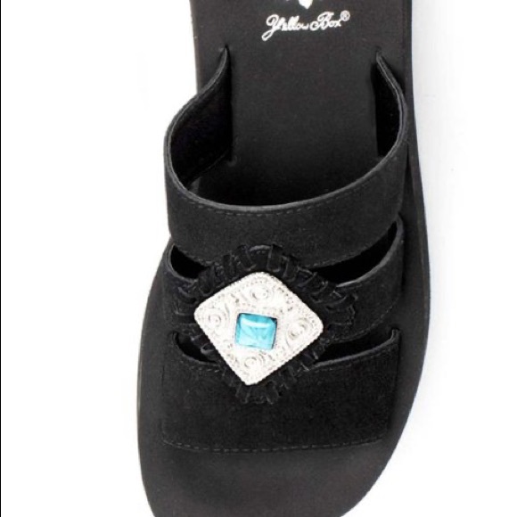 Yellow Box Black Suede Platform Slip-On Sandals with Turquoise and Silver Accent - Picture 11 of 12